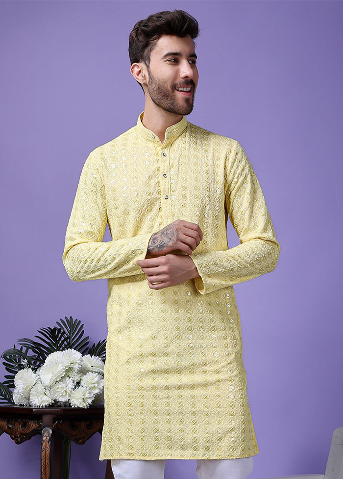 2 Pc Yellow Silk Kurta Pajama Set