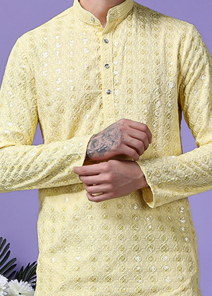 2 Pc Yellow Silk Kurta Pajama Set