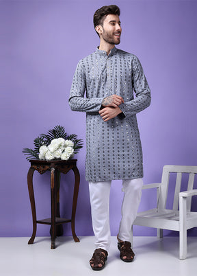 2 Pc Grey Silk Kurta Pajama Set