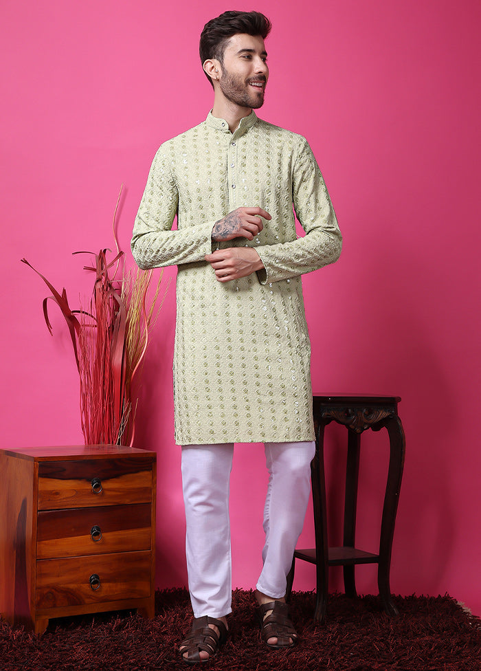 2 Pc Olive Green Silk Kurta Pajama Set