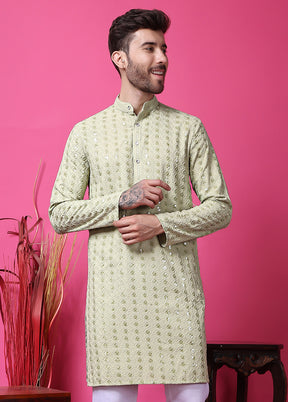 2 Pc Olive Green Silk Kurta Pajama Set