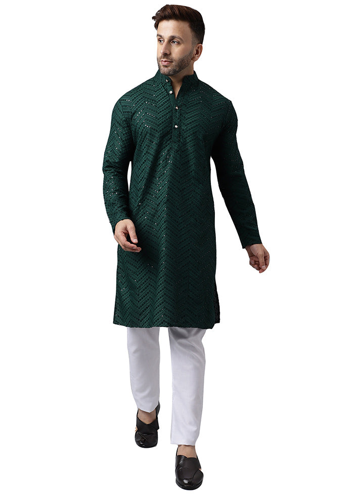 2 Pc Green Silk Kurta Pajama Set