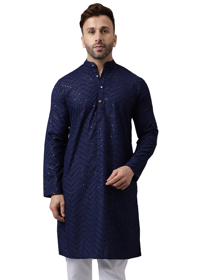 2 Pc Navy Blue Silk Kurta Pajama Set