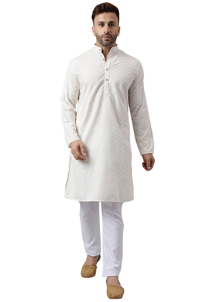 2 Pc White Silk Kurta Pajama Set