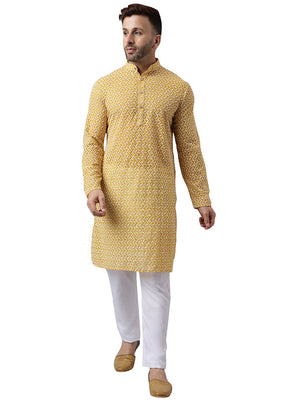 2 Pc Yellow Silk Kurta Pajama Set