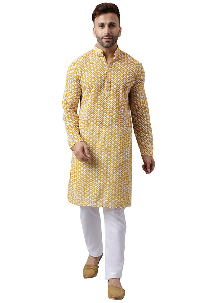 2 Pc Yellow Silk Kurta Pajama Set