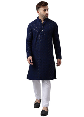 2 Pc Navy Blue Silk Kurta Pajama Set