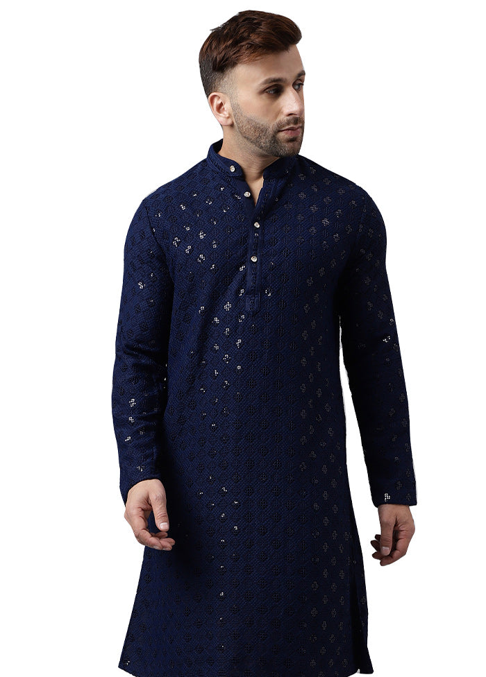 2 Pc Navy Blue Silk Kurta Pajama Set