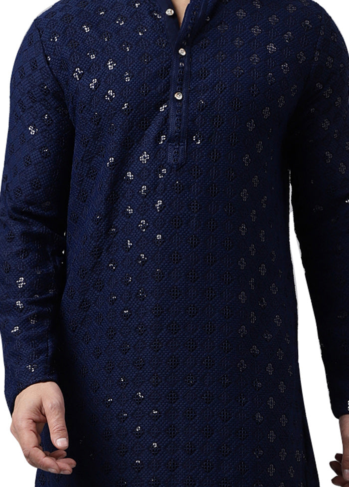 2 Pc Navy Blue Silk Kurta Pajama Set