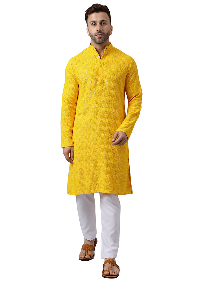 2 Pc Yellow Silk Kurta Pajama Set