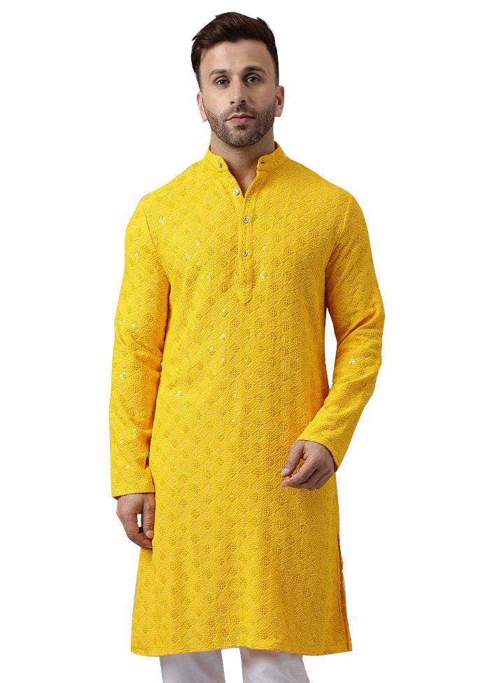 2 Pc Yellow Silk Kurta Pajama Set