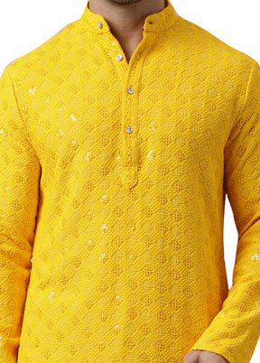 2 Pc Yellow Silk Kurta Pajama Set