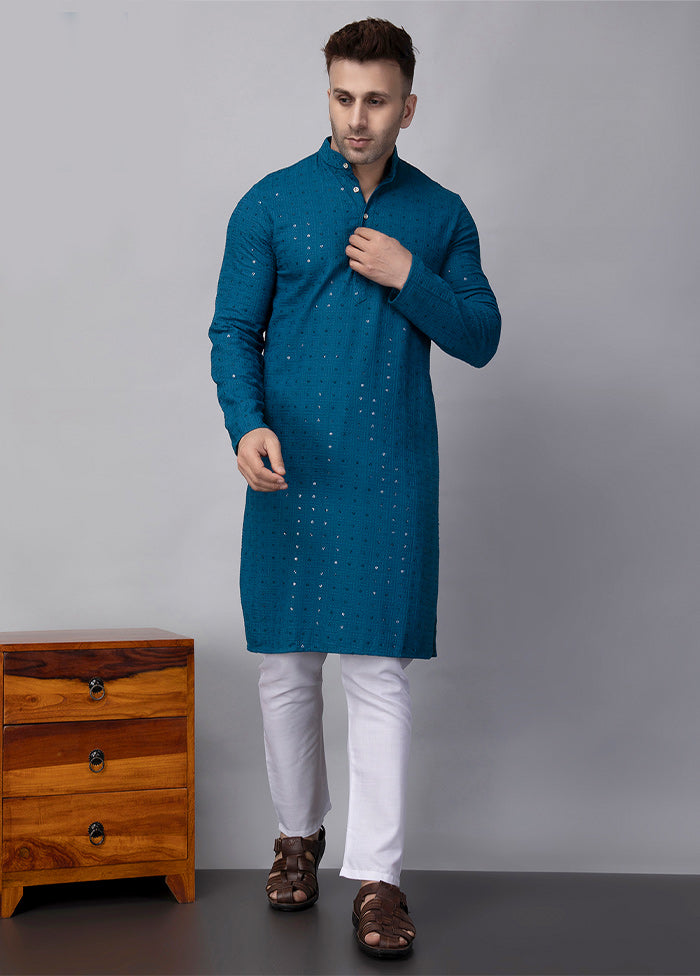 2 Pc Turquoise Dupion Silk Kurta Pajama Set