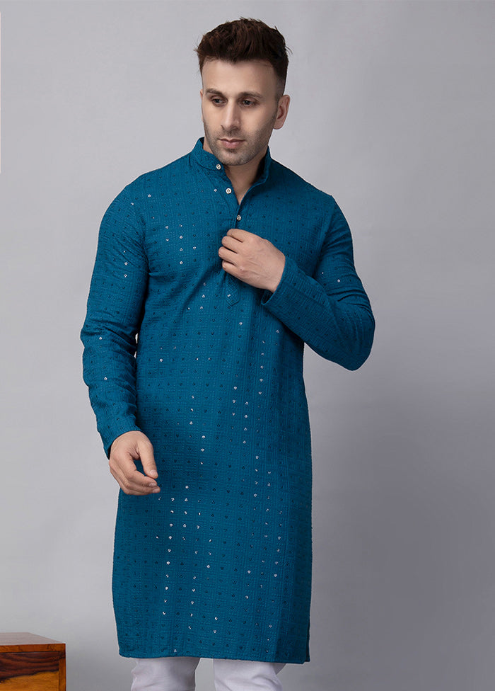 2 Pc Turquoise Dupion Silk Kurta Pajama Set