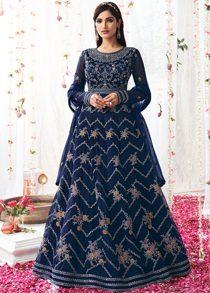 3 Pc Navy Blue Semi Stitched Satin Gown VDSL040430 - Indian Silk House Agencies