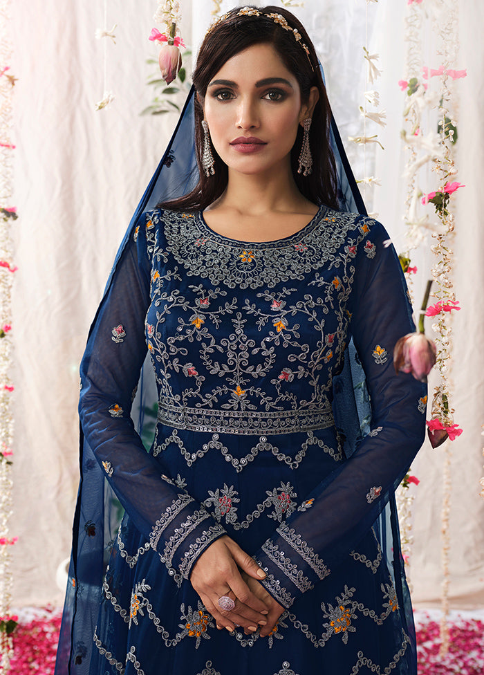 3 Pc Navy Blue Semi Stitched Satin Gown VDSL040430 - Indian Silk House Agencies