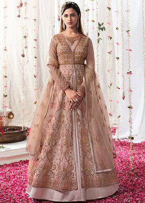 3 Pc Pink Semi Stitched Satin Resham Thread Work Gown VDSL040434 - Indian Silk House Agencies