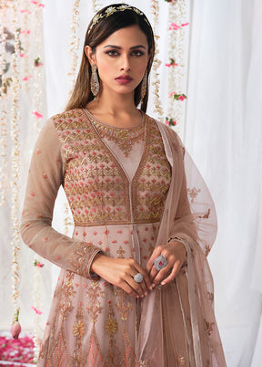 3 Pc Pink Semi Stitched Satin Resham Thread Work Gown VDSL040434 - Indian Silk House Agencies