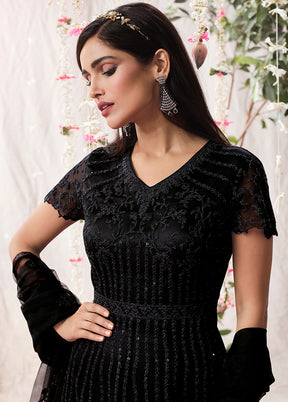 3 Pc Black Semi Stitched Satin Resham Thread Work Gown VDSL040436 - Indian Silk House Agencies