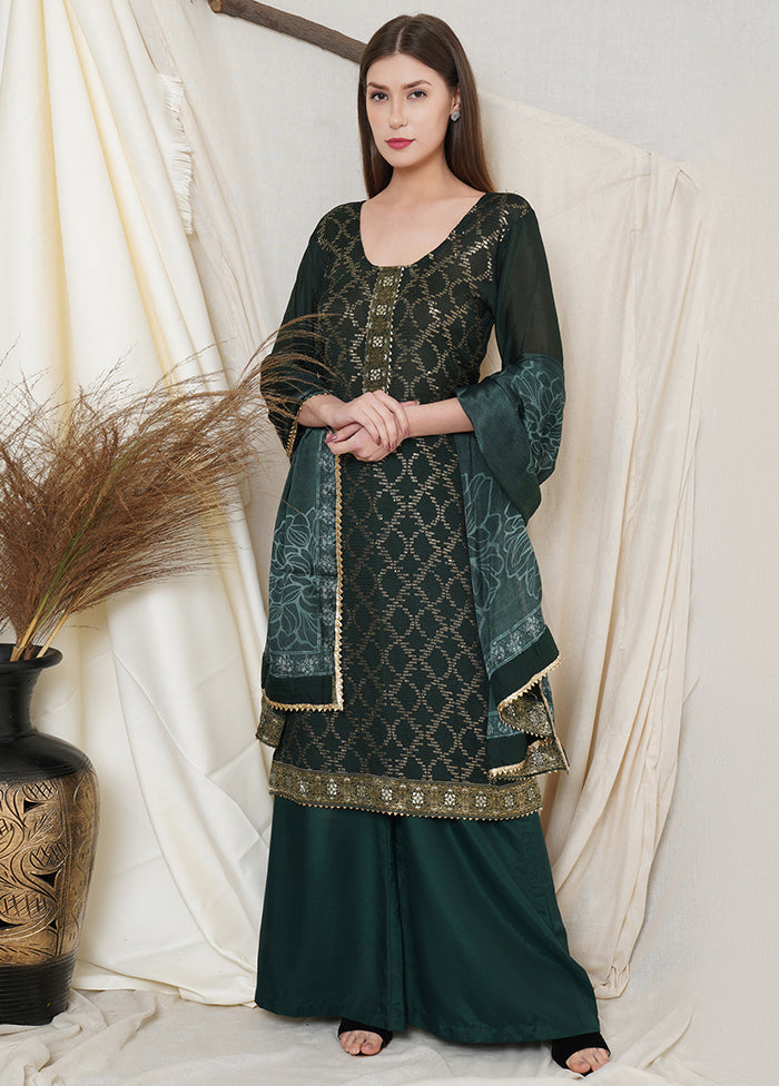 3 Pc Green Chinon Chiffon Unstitched Suit Set VDSL031122 - Indian Silk House Agencies
