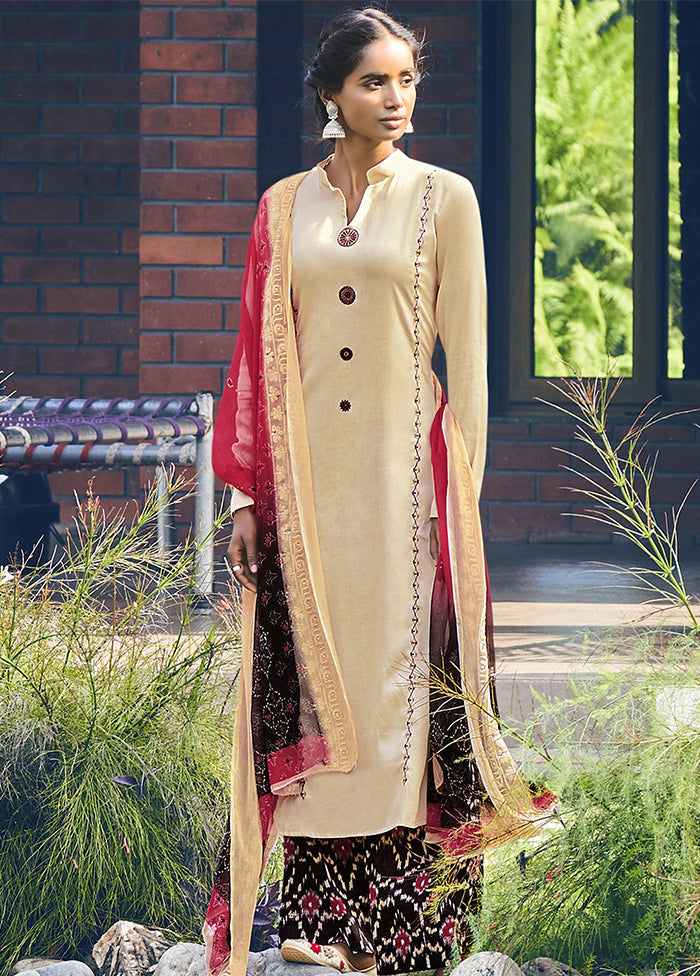 3 Pc Light Yellow Unstitched Silk Thread Work Suit Set VDSL230325 - Indian Silk House Agencies