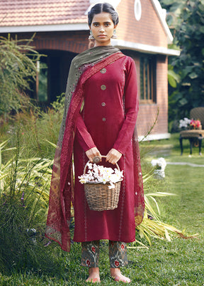 3 Pc Maroon Unstitched Silk Thread Work Suit Set VDSL230330 - Indian Silk House Agencies
