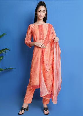 3 Pc Orange Unstitched Silk Printed Suit Set VDSL310329 - Indian Silk House Agencies