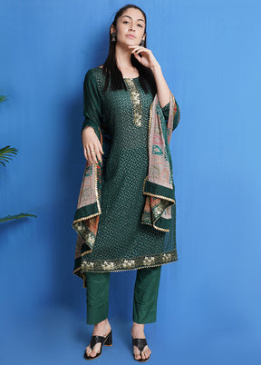 3 Pc Green Unstitched Chinon Chiffon Suit Set VDSL040425 - Indian Silk House Agencies