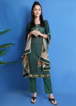 3 Pc Green Unstitched Chinon Chiffon Suit Set VDSL040425 - Indian Silk House Agencies