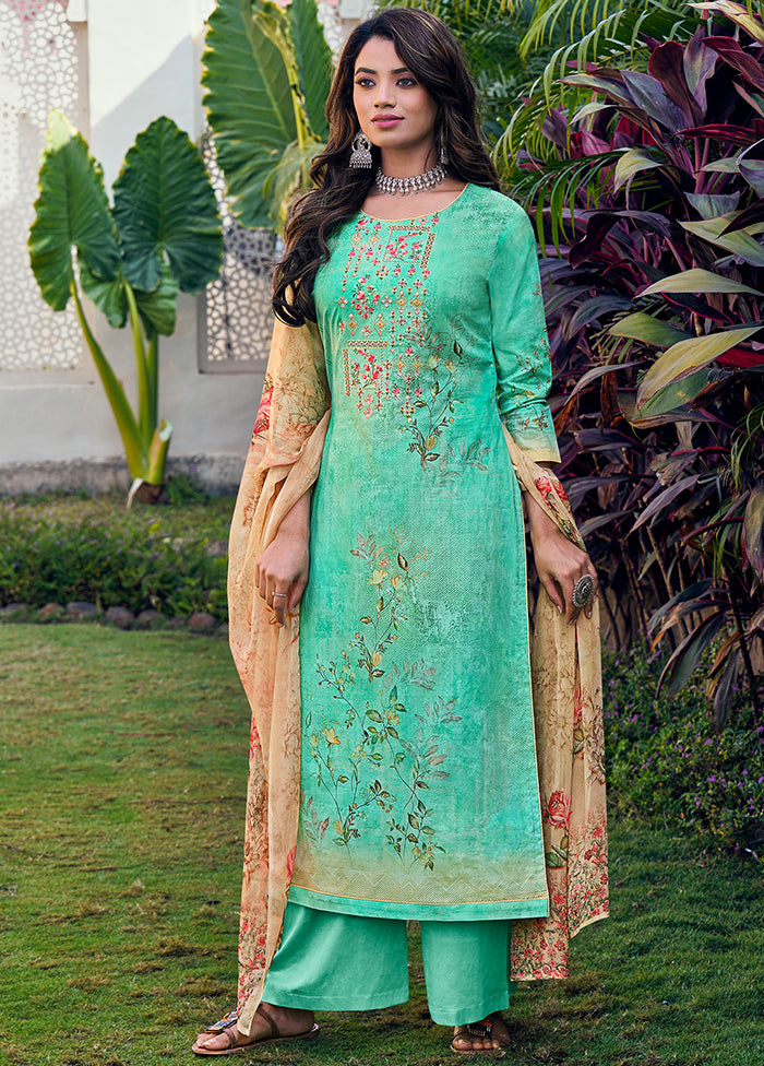 3 Pc Sea Green Unstitched Cotton Suit Set VDSL130424 - Indian Silk House Agencies