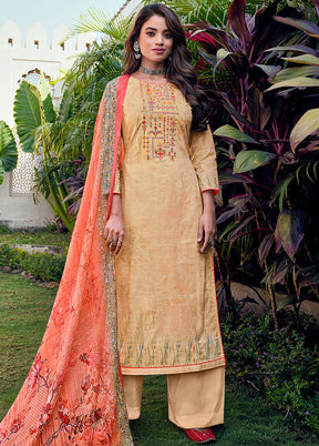 3 Pc Beige Unstitched Cotton Suit Set VDSL130425 - Indian Silk House Agencies