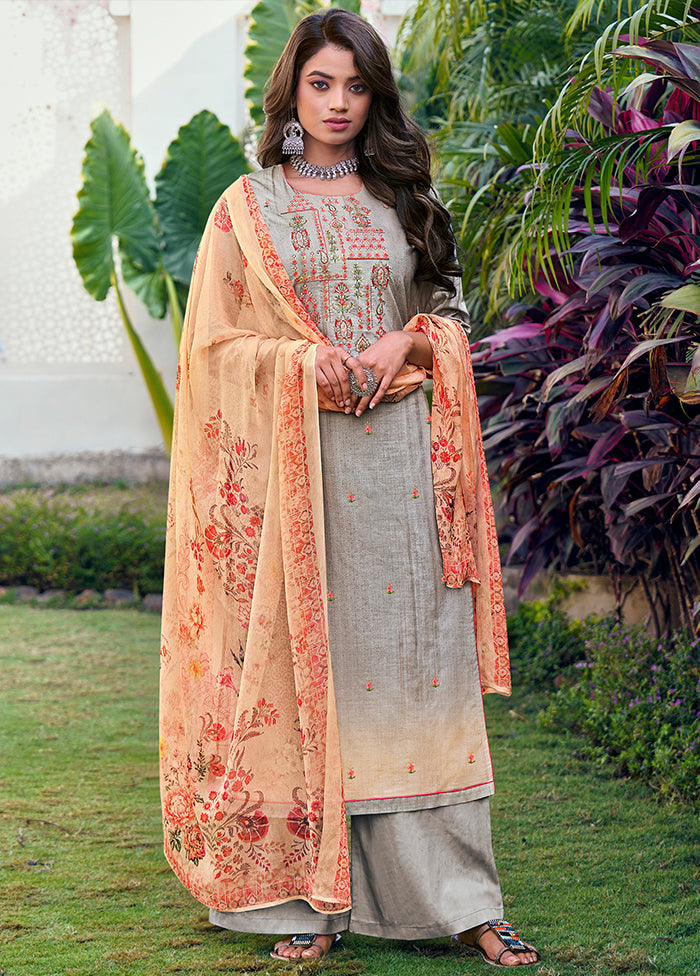 3 Pc Grey Unstitched Cotton Printed Suit Set VDSL130426 - Indian Silk House Agencies