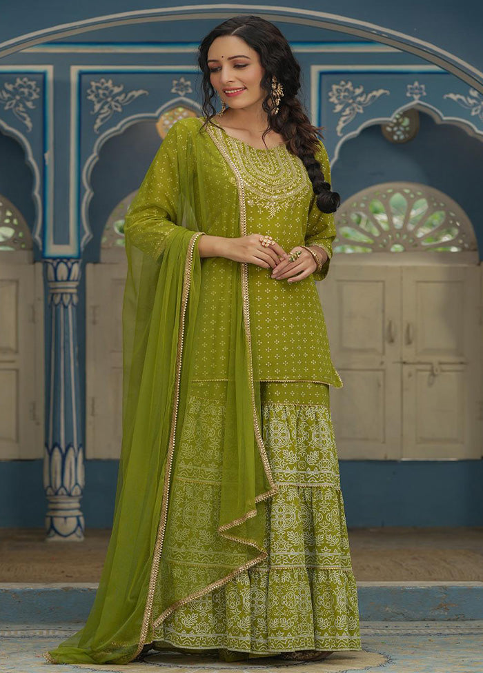 3 Pc Green Readymade Georgette Dupatta Suit Set