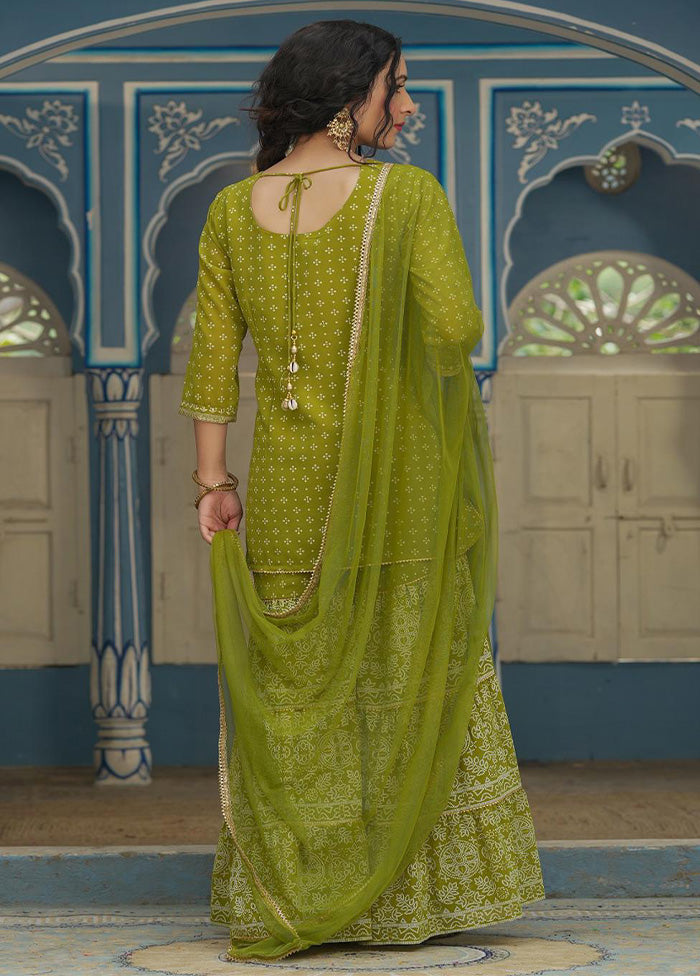 3 Pc Green Readymade Georgette Dupatta Suit Set