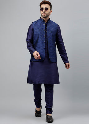 3 Pc Navy Blue Dupion Silk Nehru Set