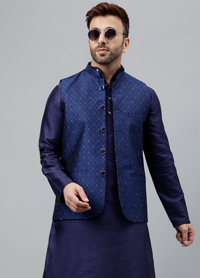 3 Pc Navy Blue Dupion Silk Nehru Set