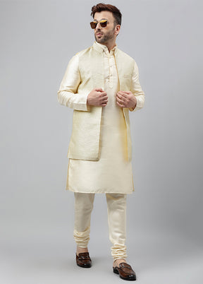 3 Pc Off White Dupion Silk Nehru Set