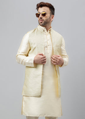 3 Pc Off White Dupion Silk Nehru Set