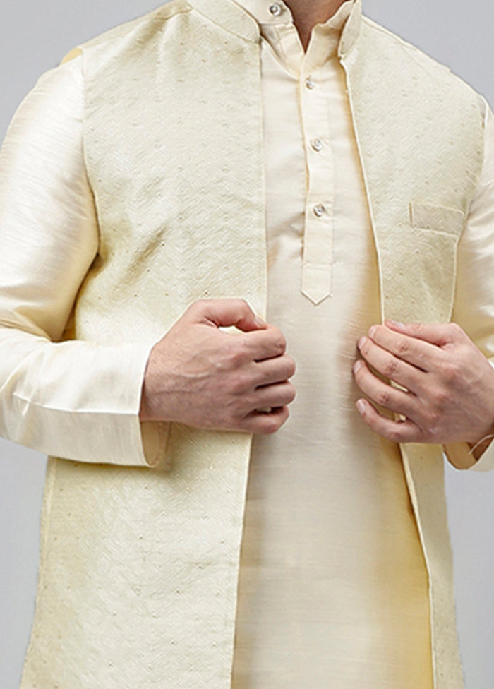 3 Pc Off White Dupion Silk Nehru Set