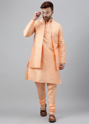 3 Pc Light Peach Dupion Silk Nehru Set