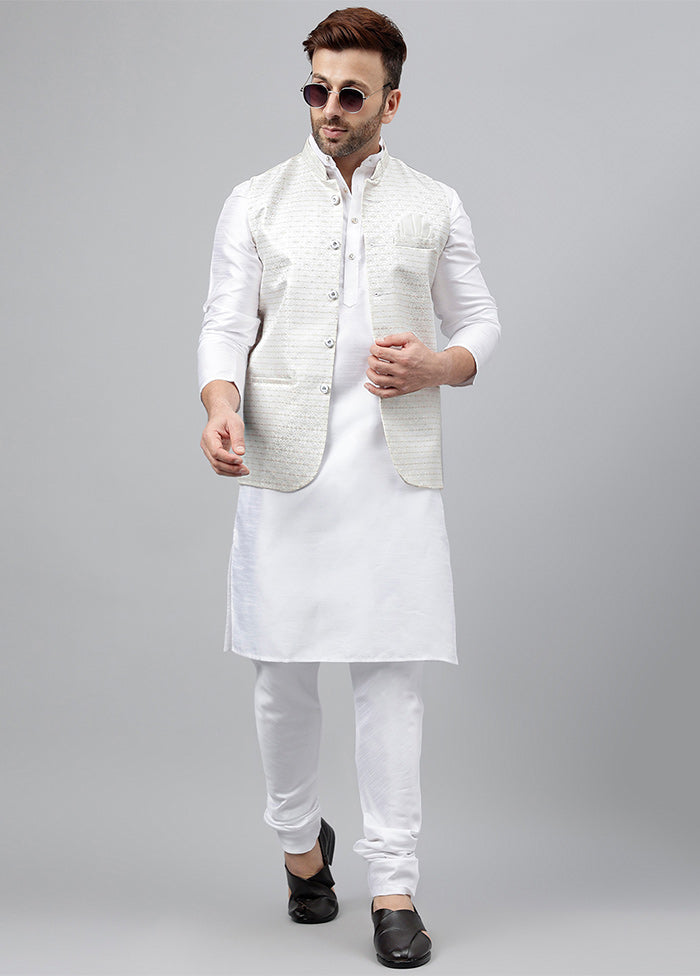 3 Pc White Viscose Nehru Set