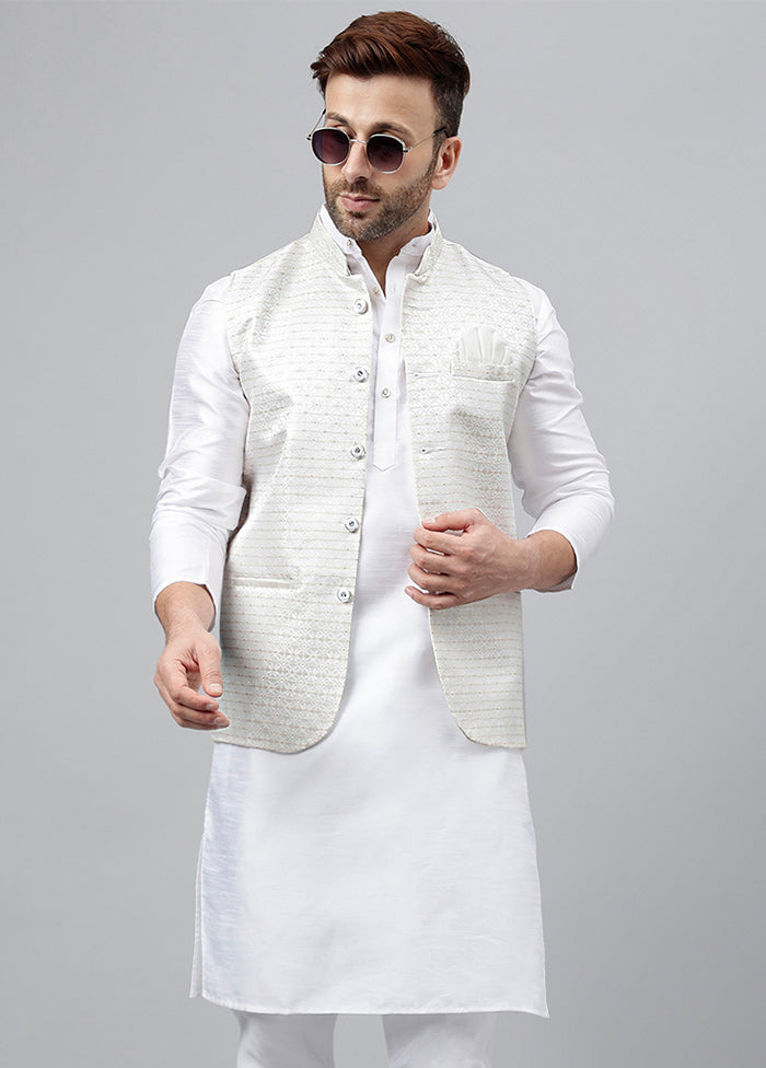 3 Pc White Viscose Nehru Set