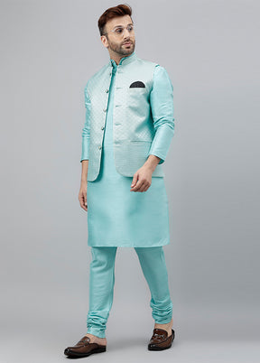 3 Pc Turquoise Dupion Silk Nehru Set