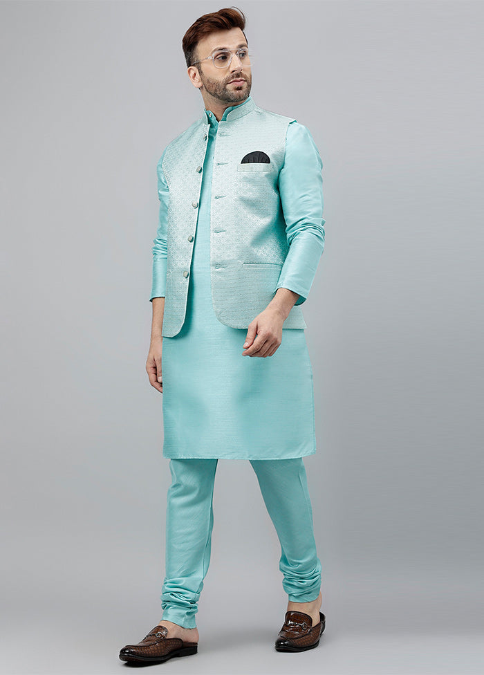 3 Pc Turquoise Dupion Silk Nehru Set