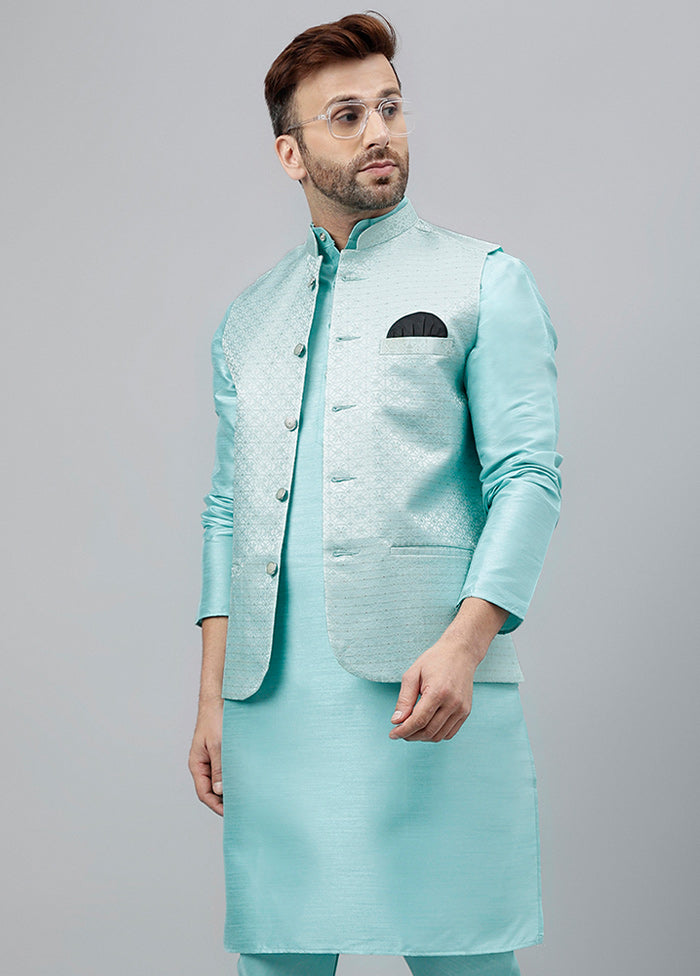 3 Pc Turquoise Dupion Silk Nehru Set