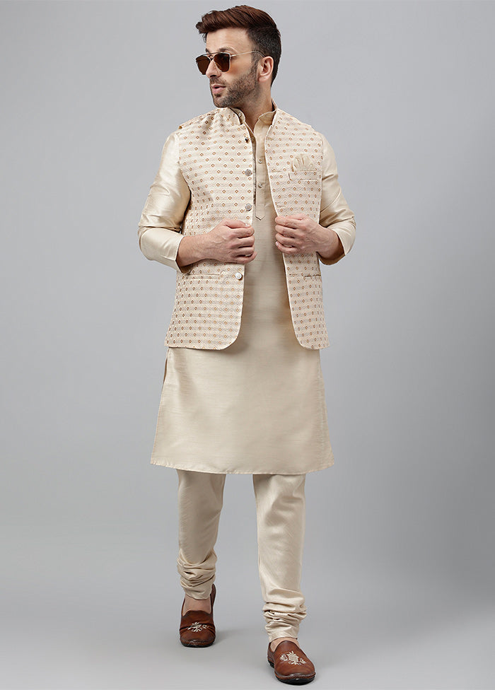 3 Pc Beige Viscose Nehru Set