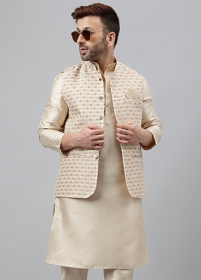 3 Pc Beige Viscose Nehru Set