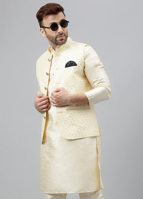 3 Pc Off White Dupion Silk Nehru Set