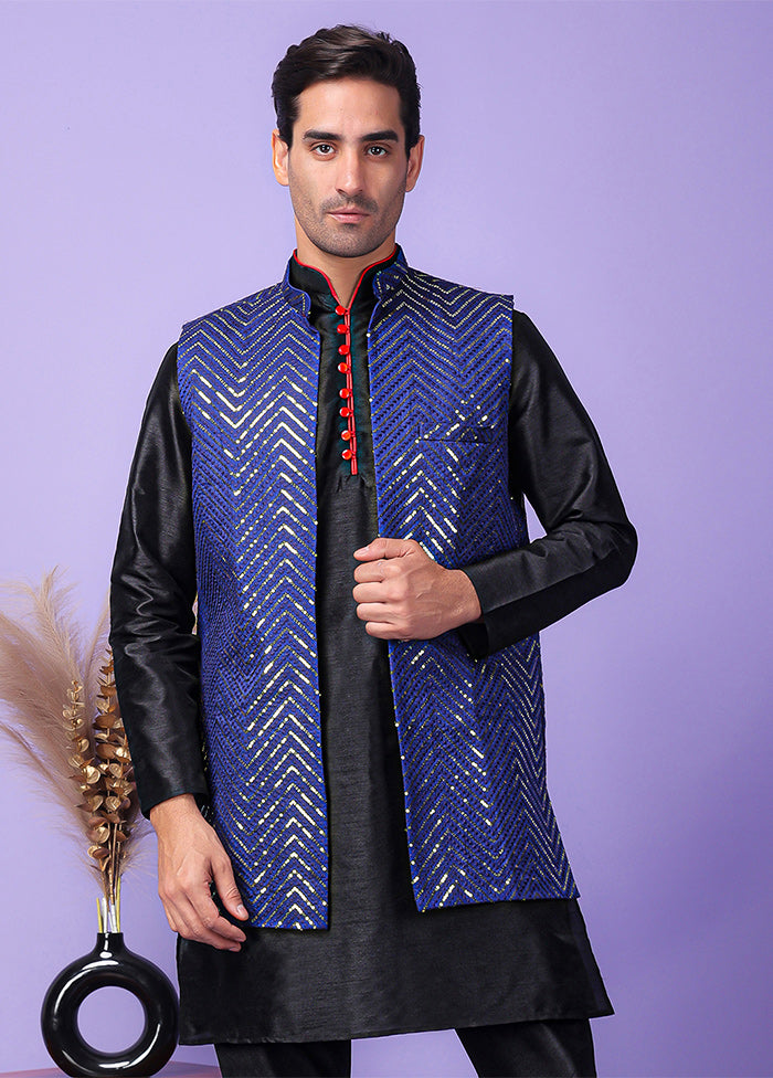 3 Pc Navy Blue Silk Nehru Set