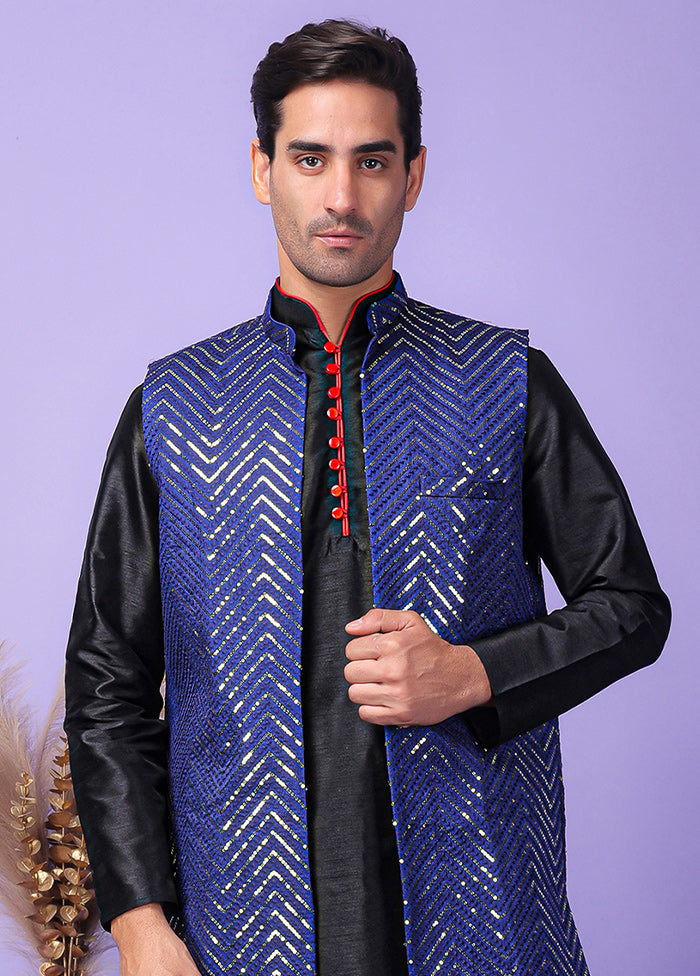 3 Pc Navy Blue Silk Nehru Set